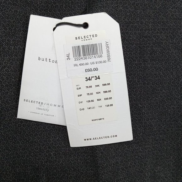 Selected Pants Mens 34x34 Black Micro‎ Patterned Slime Tapered Trousers Office - Picture 5 of 12